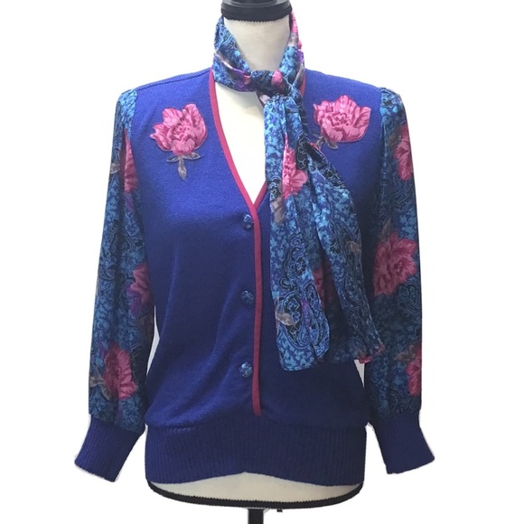 EUC Vintage Anthony Sicari 2pc Womens Blue Floral Scarf & Sweater Size 6 - Picture 2 of 9